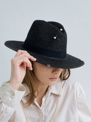 Капелюх жіночий літній федора стильний чорний з ланцюгом і шпилькою - 8614135 - SvitStyle