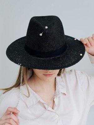 Капелюшок жіночий федора на літо стильний чорний ковбойка з ланцюгом і шпилькою - 8614173 - SvitStyle