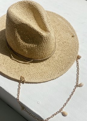 Жіночий капелюшок федора з рафію на літо з ланцюгом з мушлями модний для міста бежевий - 8614176 - SvitStyle