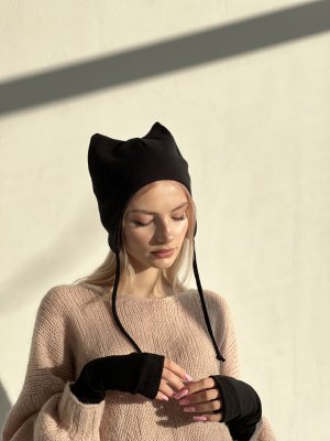 Шапка із вушками кішка D.Hats чорного кольору тепла універсальна - 8614260 - SvitStyle