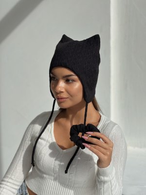 Шапка з вушками кішка D.Hats з візерунком чорного кольору тепла універсальна - 8614266 - SvitStyle