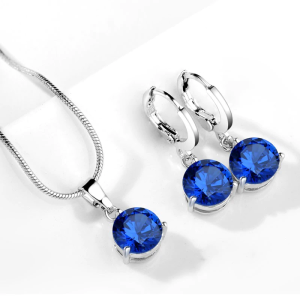 Комплект прикрас жіночий сережки, ланцюжок і кулон з синім камінням код 1015 - SvitStyle