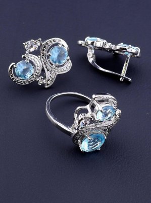 Комплект прикрас сережки і кільце з блакитними фіанітами код 1553 - SvitStyle