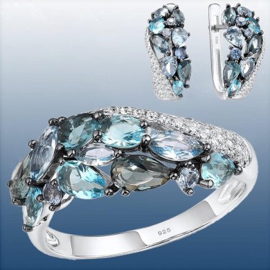 Набір біжутерії жіночий сережки та кільце з блакитним камінням код 2257 - SvitStyle