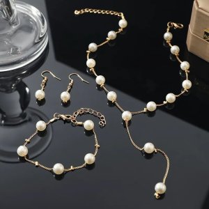 Набір прикрас жіночий ланцюжок, сережки та браслет із перлами код 2346 - 8613798 - SvitStyle