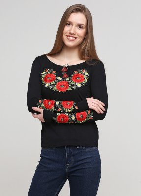Жіноча вишита футболка з довгим рукавом «Маковий цвіт» чорна S - 8609739 - SvitStyle