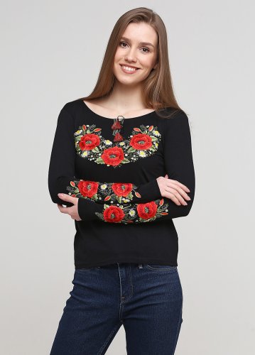 Жіноча вишита футболка з довгим рукавом Маковий цвіт чорна S - SvitStyle