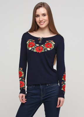 Жіноча вишита футболка з довгим рукавом «Маковій цвіт» синя S - 8609740 - SvitStyle
