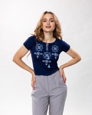 Жіноча футболка з вишивкою хрестиком в темно синьому кольорі «Оберіг» S - 8609746 - SvitStyle