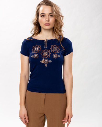 Модна жіноча футболка з коричневою вишивкою в темно синьому кольорі Оберіг S - SvitStyle