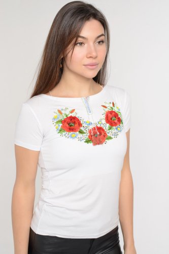 Повсякденна вишита футболка для дівчини в білому кольорі Маковий цвіт S - SvitStyle