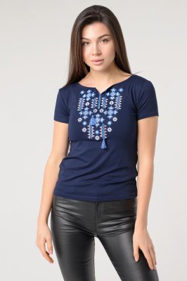 Патріотична жіноча футболка з геометричної вишивкою в темно-синьому кольорі «Зоряне Сяйво» S - 8609749 - SvitStyle