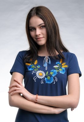 Жіноча вишита футболка темно-синього кольору із квітковим орнаментом в українському стилі «Віночок» S - 8609750 - SvitStyle