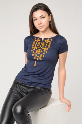 Жіноча футболка з помаранчевої вишивкою в темно-синьому кольорі з кутасикамы Зоряне Сяйво S - SvitStyle
