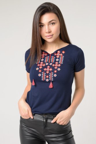 Яскрава жіноча вишита футболка з червоною геометричної вишивкою в темно-синьому кольорі Зоряне Сяйво S - SvitStyle