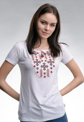 Класична біла жіноча вишита футболка «Зоряне сяйво (червона вишивка)» S - 8609753 - SvitStyle
