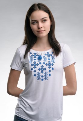 Річна жіноча вишита футболка білого кольору «Зоряне сяйво (синя вишивка)» S - 8609754 - SvitStyle
