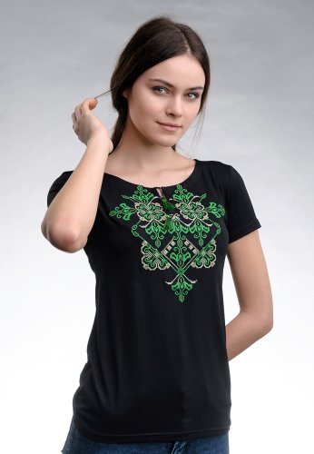 Річна чорна жіноча вишита футболка з коротким рукавом Елегія (зелена вишивка) S - SvitStyle