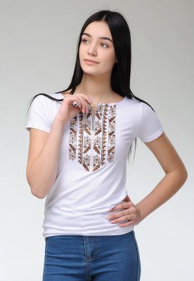 Жіноча літня футболка з коротким рукавом з коричневою вишивкою «Природна експресія» S - 8609756 - SvitStyle