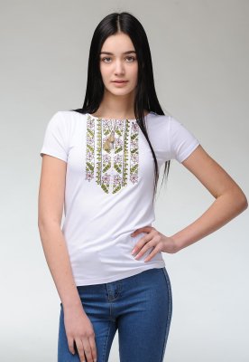 Стильна жіноча літня футболка на короткий рукав із рожевою вишивкою «Природна експресія» S - 8609757 - SvitStyle