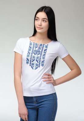 Жіноча повсякденна футболка з коротким рукавом з геометричної вишивкою «Блакитна природна експресія» S - 8609758 - SvitStyle