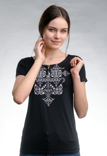 Повсякденна жіноча вишита футболка в чорному кольорі Елегія (сіра вишивка) S - SvitStyle