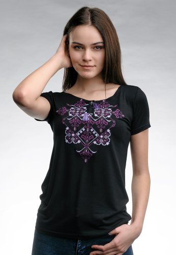 Оригінальна жіноча вишита футболка на літо в чорному кольорі Елегія (фіолетова вишивка) S - SvitStyle