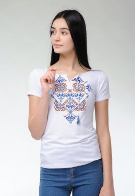 Жіноча футболка з коротким рукавом в білому кольорі з оригінальною вишивкою «Елегія» S - 8609762 - SvitStyle
