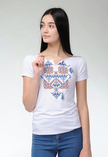 Жіноча футболка з коротким рукавом в білому кольорі з оригінальною вишивкою Елегія S - SvitStyle