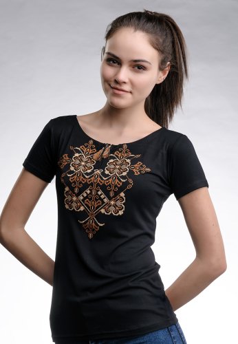 Чорна жіноча вишита футболка на кожен день в патріотичному стилі Елегія (коричнева вишивка) S - SvitStyle