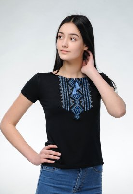 Молодіжна вишиванка в чорному кольорі для жінки «Гуцулка (синя вишивка)» S - 8609773 - SvitStyle
