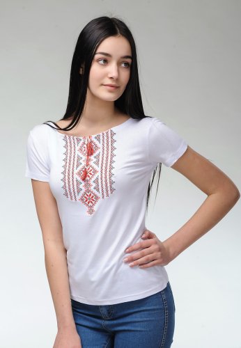 Жіноча футболка з вишивкою на короткий рукав в білому кольорі Гуцулка (червона вишивка) S - SvitStyle