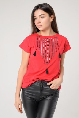 Практична повсякденна вишита жіноча футболка у червоному кольорі «Намисто» 3XL - 8609778 - SvitStyle