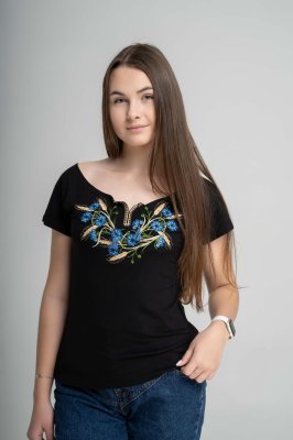 Жіноча вишита футболка з широкою горловиною "Волошки та колосся" - 8609783 - SvitStyle