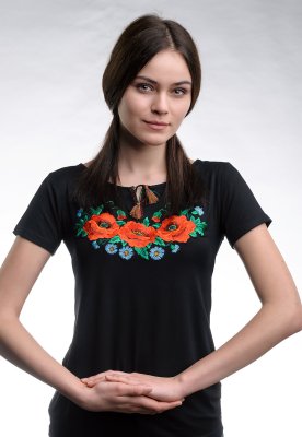 Чорна жіноча вишита футболка із квітковим орнаментом на короткий рукав «Макове поле» - 8609792 - SvitStyle