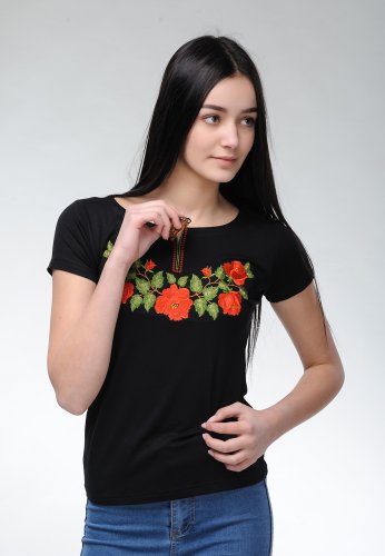Жіноча вишита футболка у чорному кольорі із широкою горловиною Ніжність троянд - SvitStyle