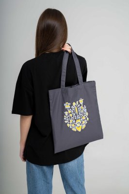 Патріотична еко-сумка для покупок "Тризуб квітковий" графіт - SvitStyle