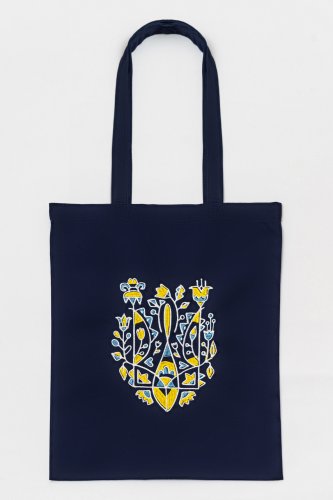 Еко-сумка для покупок в українському стилі Тризуб квітковий синя - SvitStyle