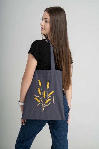 Жіноча еко-торба з вишивкою Колосок графіт - SvitStyle