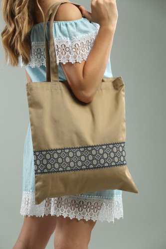 Стильна еко-сумка для покупок з вишивкою Орнамент у бежевому кольорі - SvitStyle