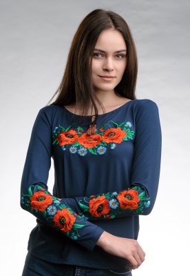 Жіноча вишита футболка темно-синього кольору з довгим рукавом «Макове поле» - SvitStyle