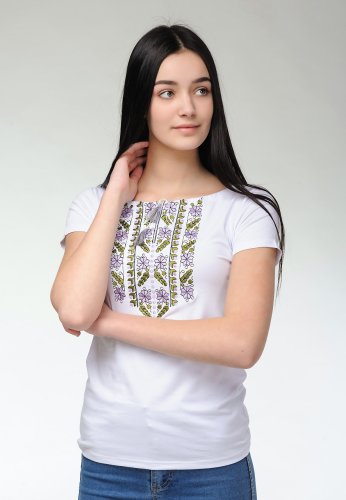 Ніжна жіноча футболка з вишивкою зелено-фіолетового кольору Експресія - SvitStyle