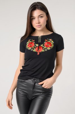 Жіноча вишита футболка на короткий рукав у чорному кольорі «Маковий цвіт» S - 8613937 - SvitStyle
