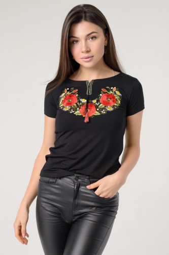 Жіноча вишита футболка на короткий рукав у чорному кольорі Маковий цвіт S - SvitStyle