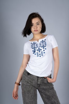 Літня жіноча вишита футболка білого кольору «Зоряне сяйво (синя вишивка)» S - SvitStyle