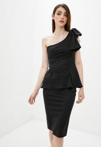 Жіноча блузка на одне плече з бантиком Подіум 27947-BLACK XS Чорний - SvitStyle