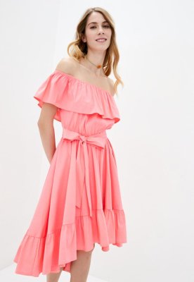 Літнє асимитричне жіноче плаття з воланами Подіум 25861-CORAL XS Кораловий - SvitStyle