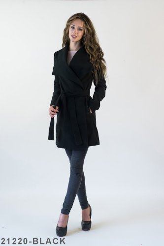 Кашемірове коротке пальто з поясом та кишенями Подіум 21220-BLACK XS Чорний - SvitStyle