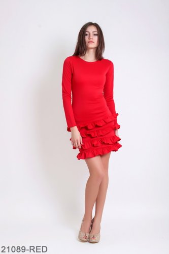 Пряма міні-сукня з воланами на довгий рукав Подіум 21089-RED XS Червоний - SvitStyle