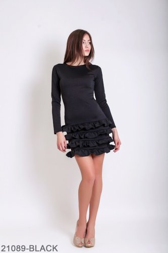 Пряма міні-сукня з воланами на довгий рукав Подіум 21089-BLACK XS Чорний - SvitStyle